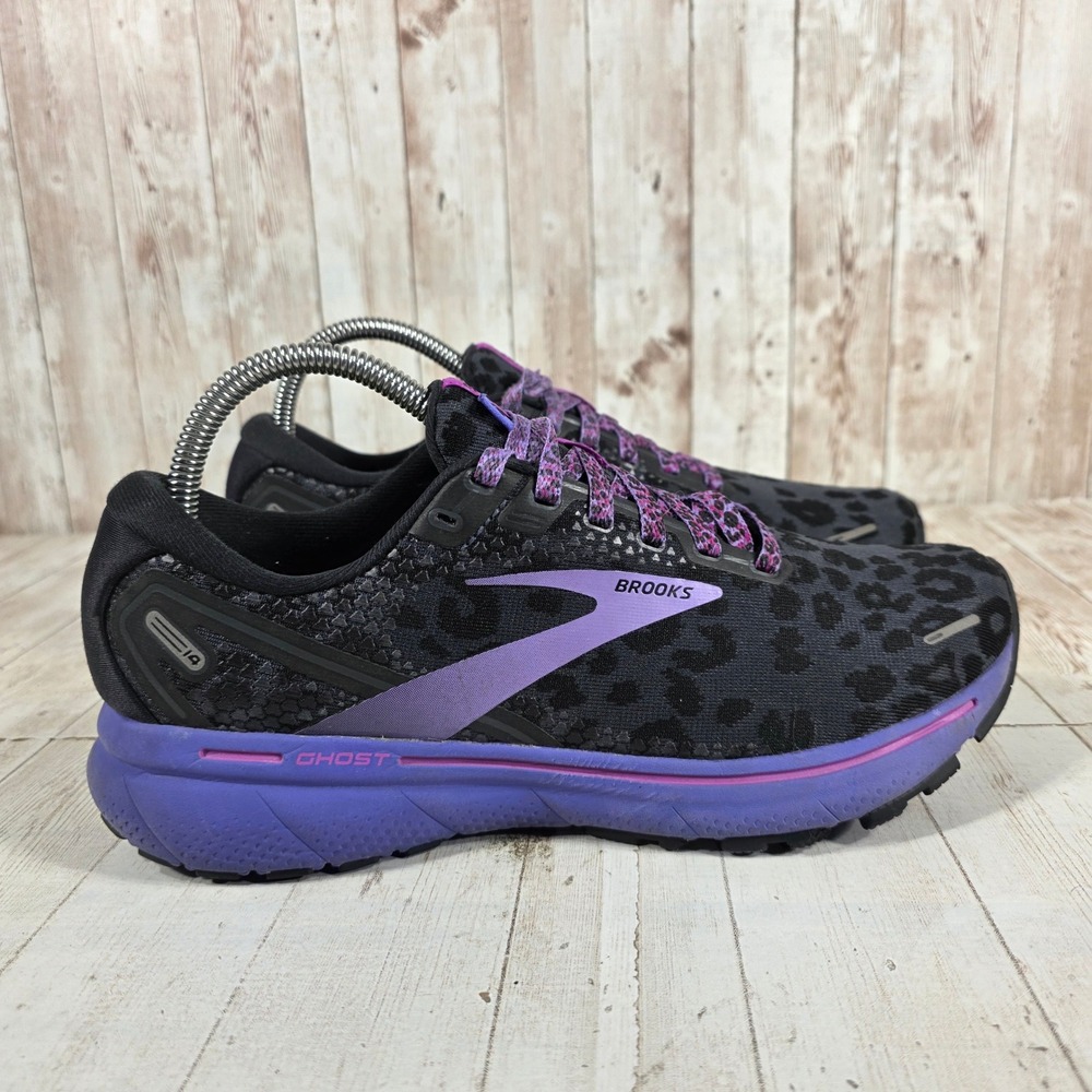 Brooks Ghost 14 Womens Running Shoes Black Purple Leopard Print 1203561B098 9